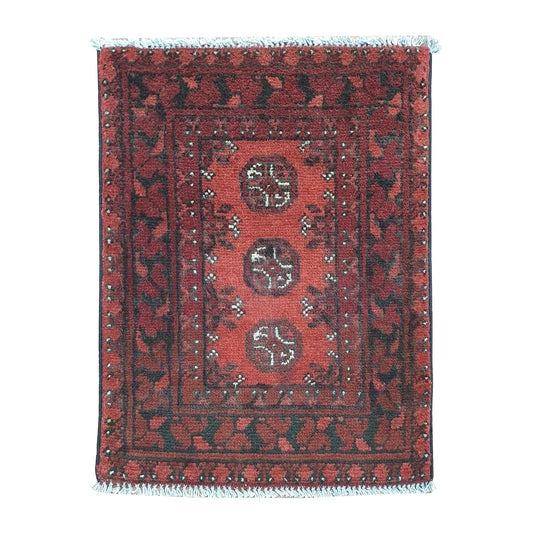 Afghan Turkoman wool rug 67 x 52 cm full view with warm red field and three vertically aligned gul medallions
