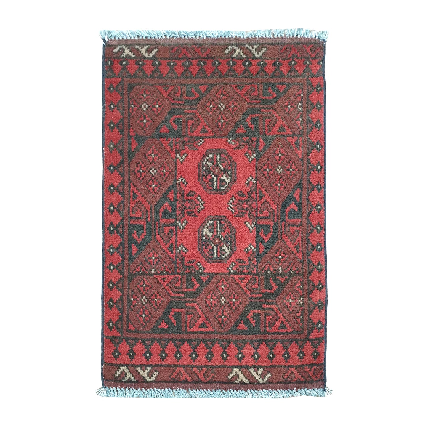 Afghan Turkoman wool rug 68 x 49 cm full view with warm red field and paired gul medallions