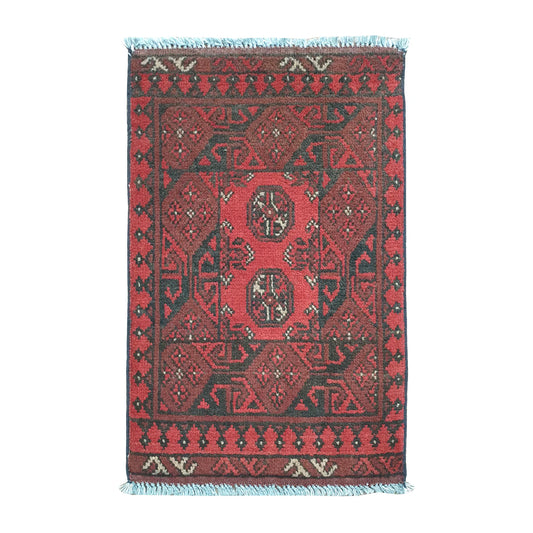Afghan Turkoman wool rug 68 x 49 cm full view with warm red field and paired gul medallions