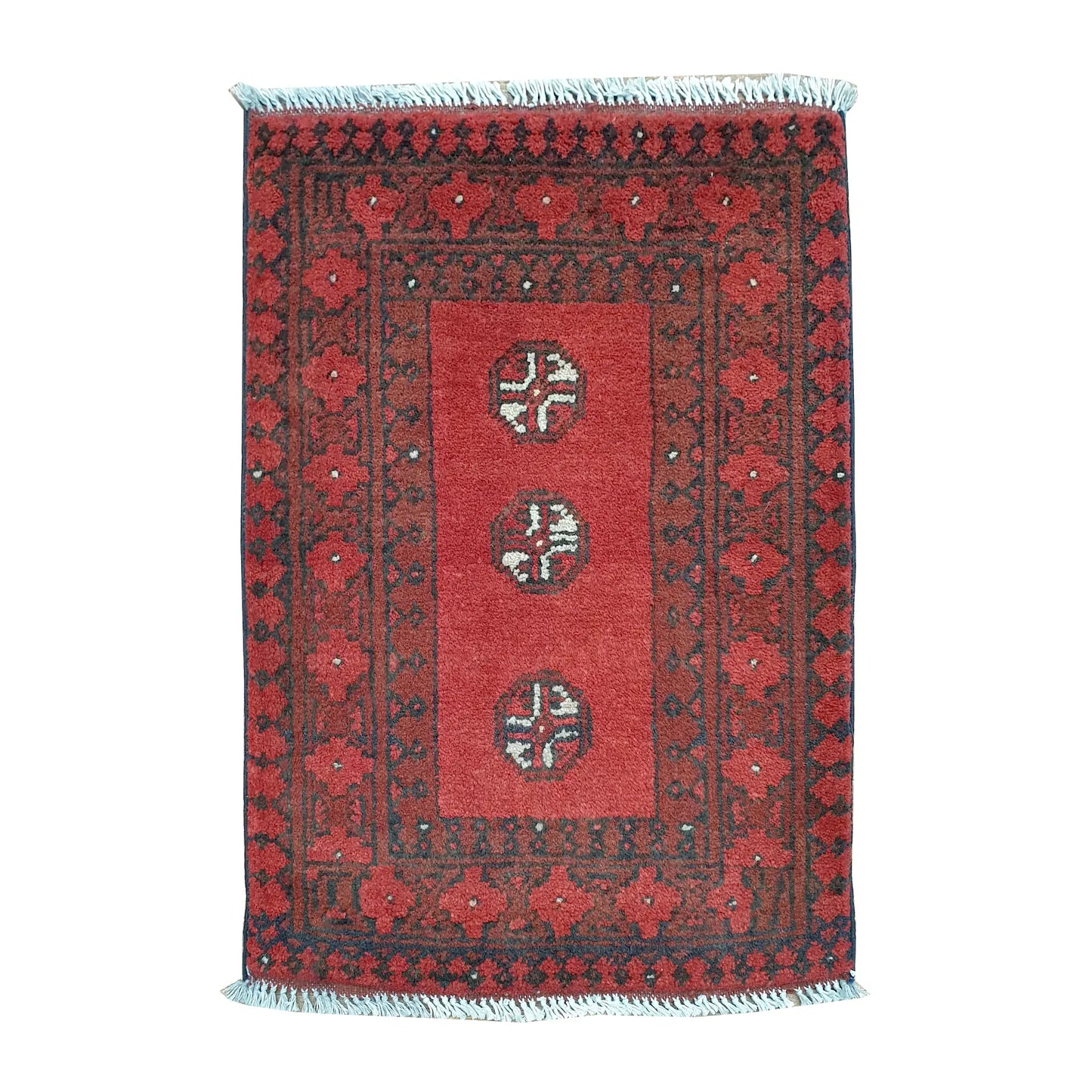 Afghan Turkoman wool rug 70 x 52 cm full view with open red field, three quartered guls and broad tribal borders