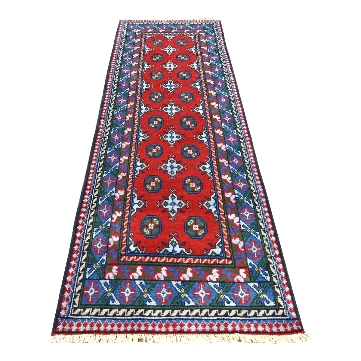 Full view of Afghan Turkoman hand-knotted wool runner with deep red field, paired blue gul medallions and multicoloured borders, 249 x 81 cm