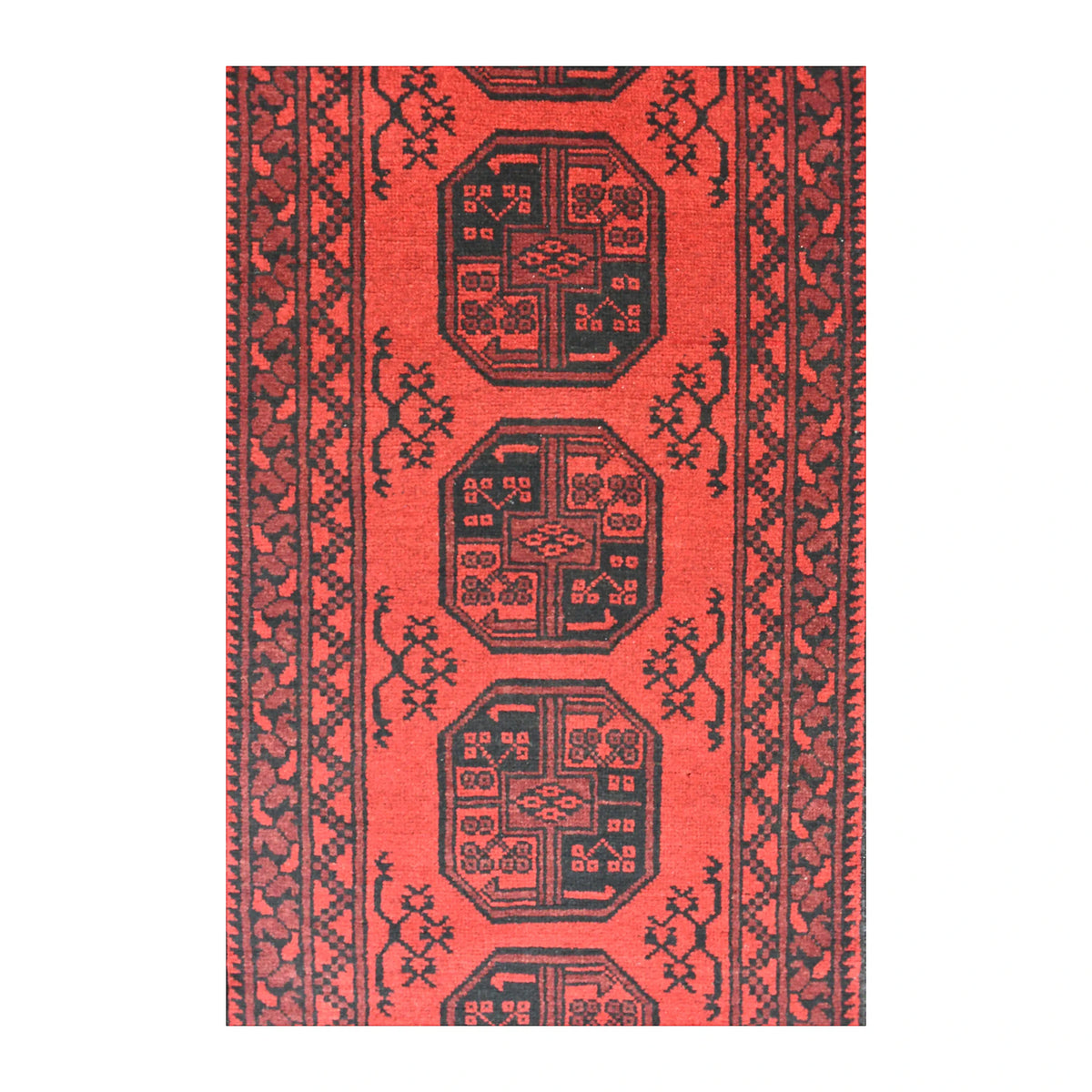 Field detail of Afghan Turkoman wool runner showing stacked compartmented guls across an open red field
