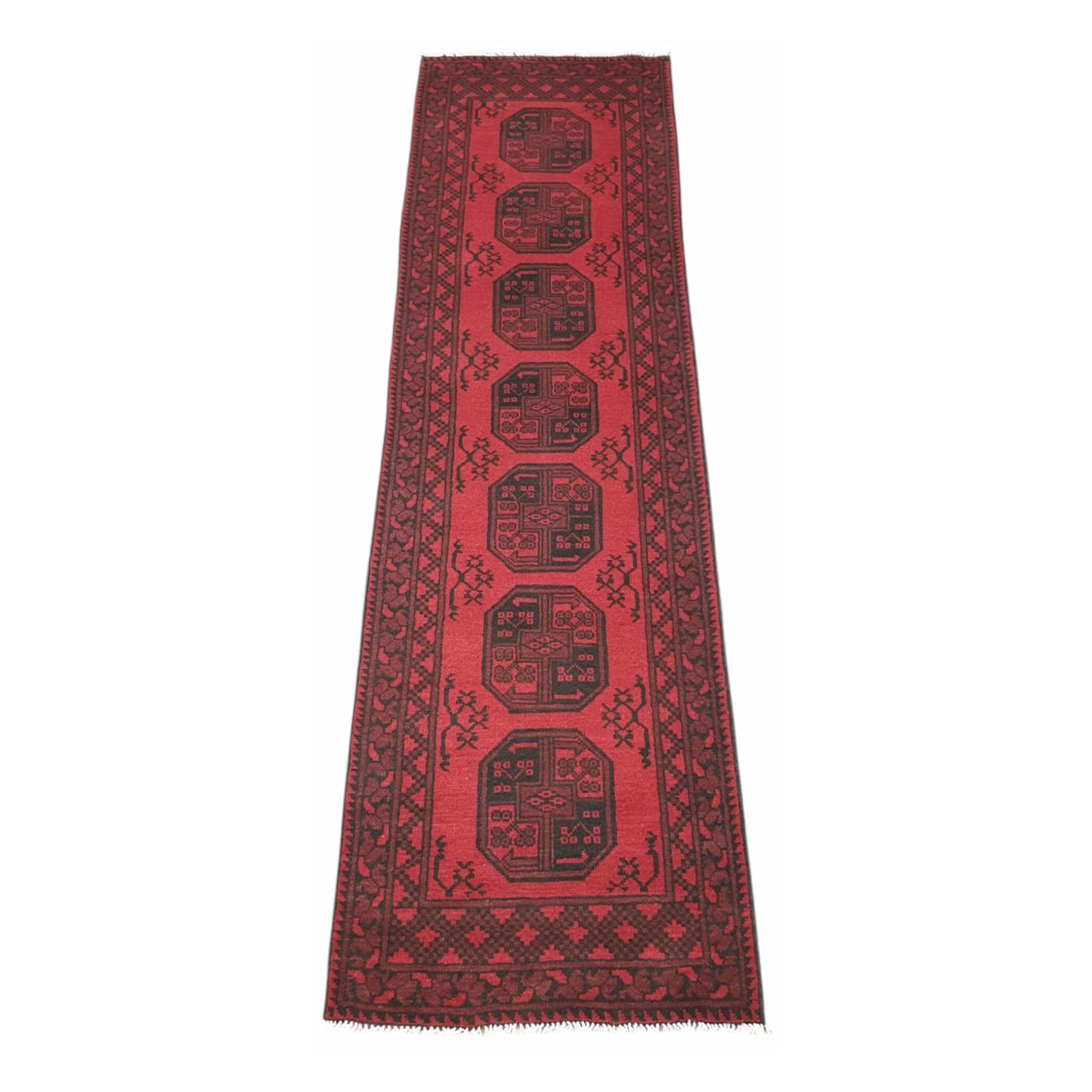 Full view of Afghan Turkoman wool runner rug with deep red field and stacked gul motifs, 280 x 79 cm
