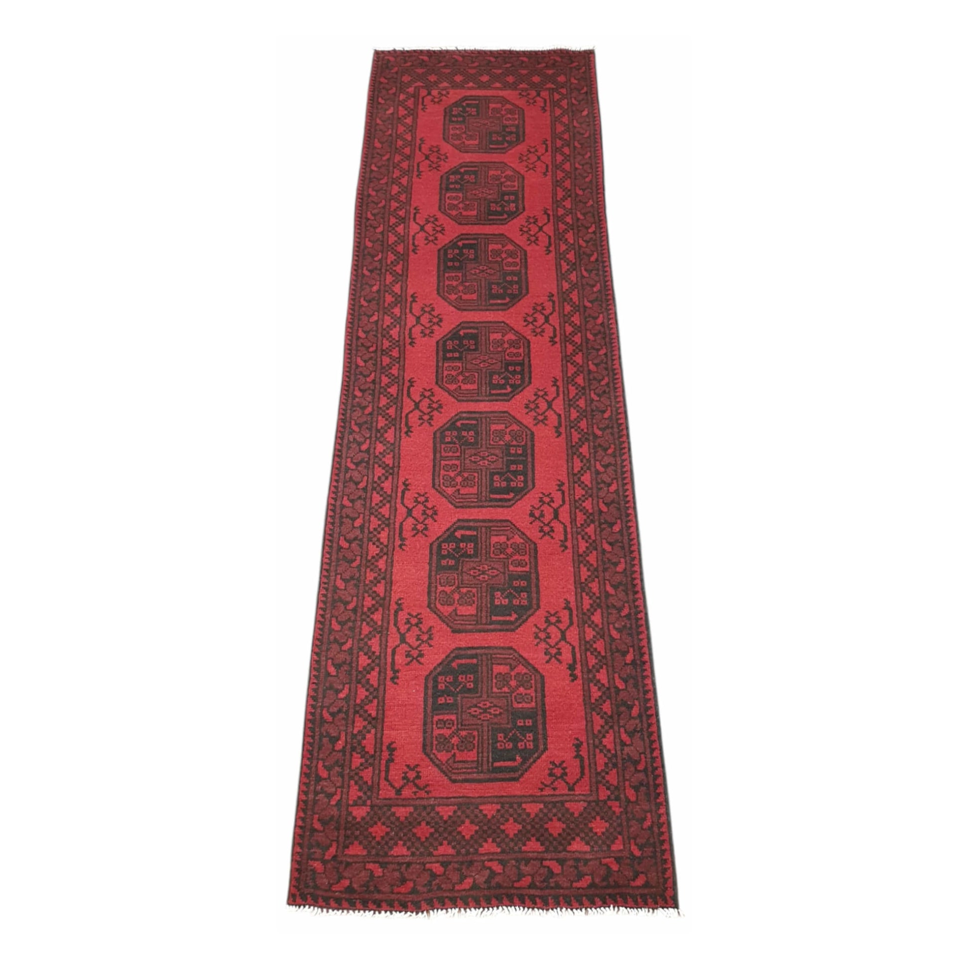 Full view of Afghan Turkoman wool runner rug with deep red field and stacked gul motifs, 280 x 79 cm