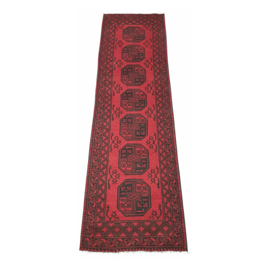 Full view of Afghan Turkoman wool runner rug with deep red field and stacked gul motifs, 280 x 79 cm