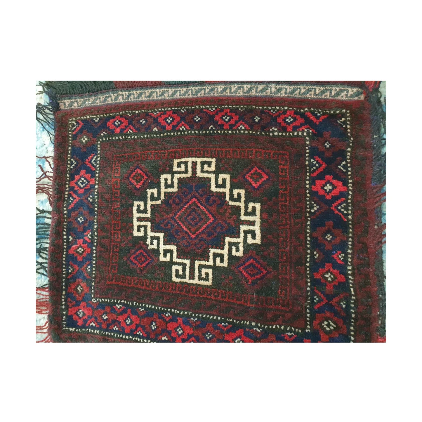 Close-up of Afghan wool saddle bag pile face with an ivory hooked medallion and deep red geometric border