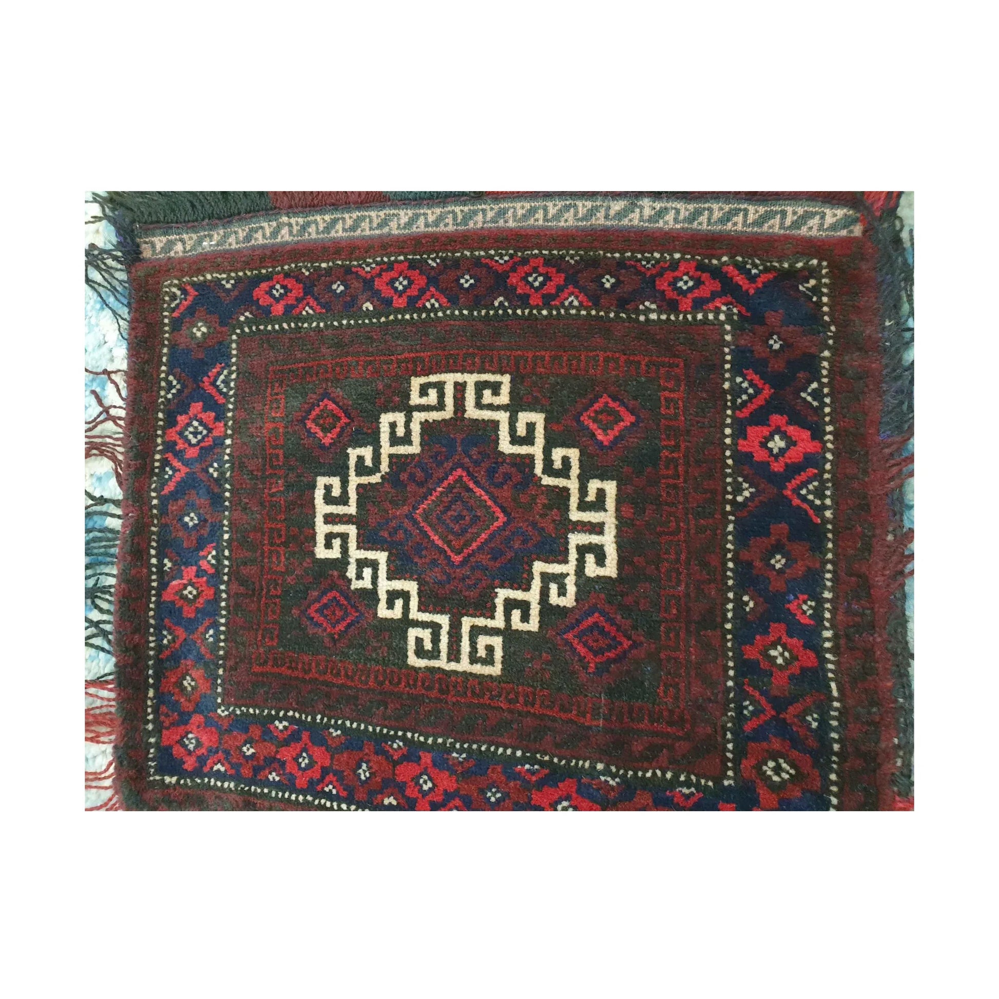 Close-up of Afghan wool saddle bag pile face with an ivory hooked medallion and deep red geometric border