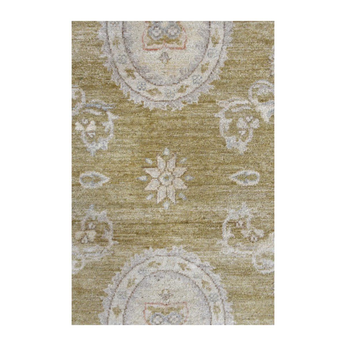 Close-up of Ziegler rug with a pale oval medallion, central floral rosette and ivory vine motifs