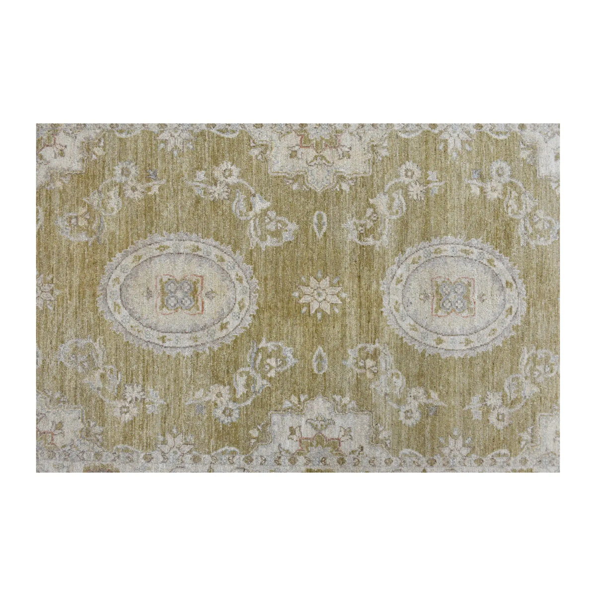 Field detail of Afghan Ziegler wool rug showing twin oval medallions, scrolling vines and small floral rosettes