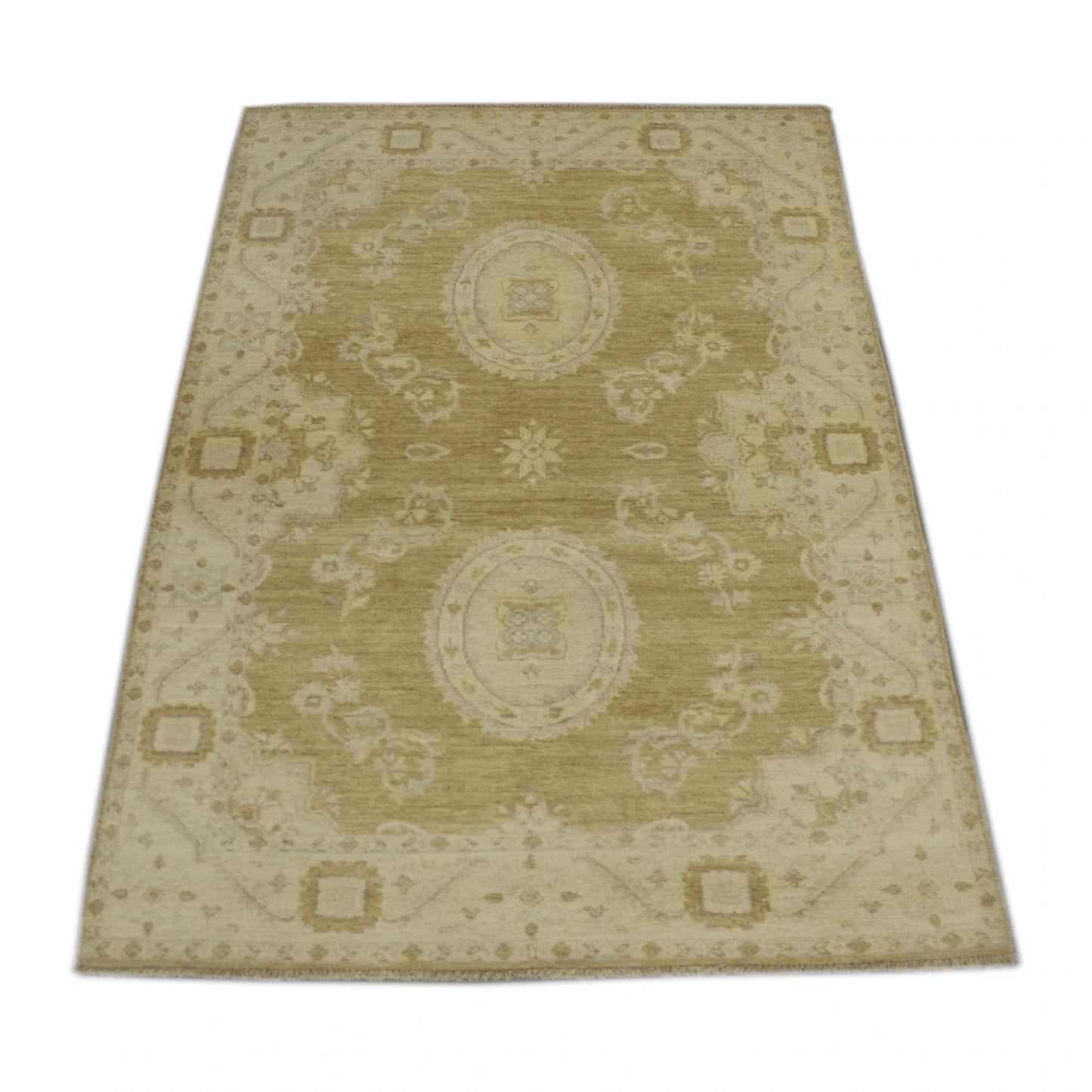 Angled view of Afghan Ziegler wool rug with twin central medallions, 200 x 123 cm