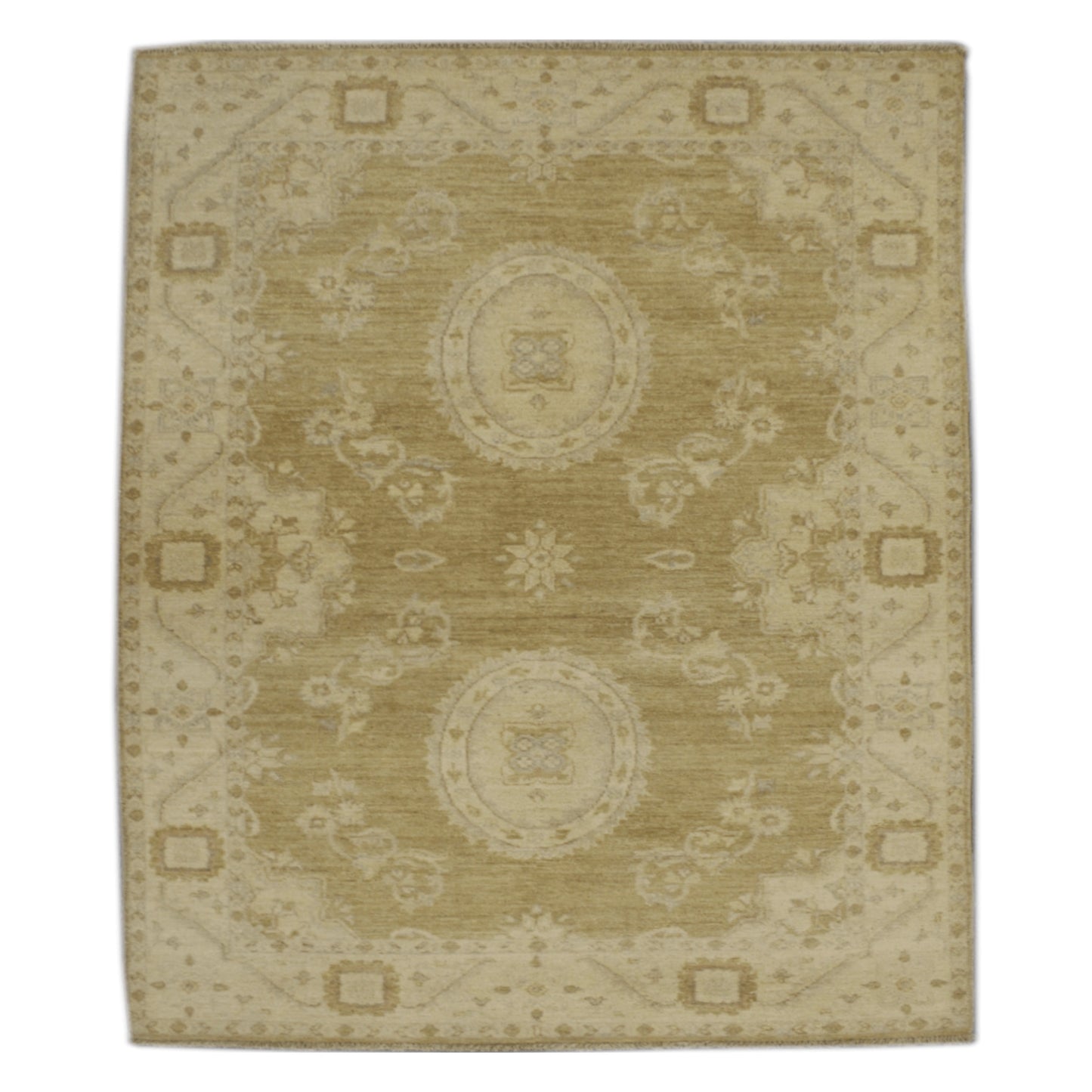 Full view of Afghan Ziegler wool rug with olive-beige field and floral motifs, 200 x 123 cm