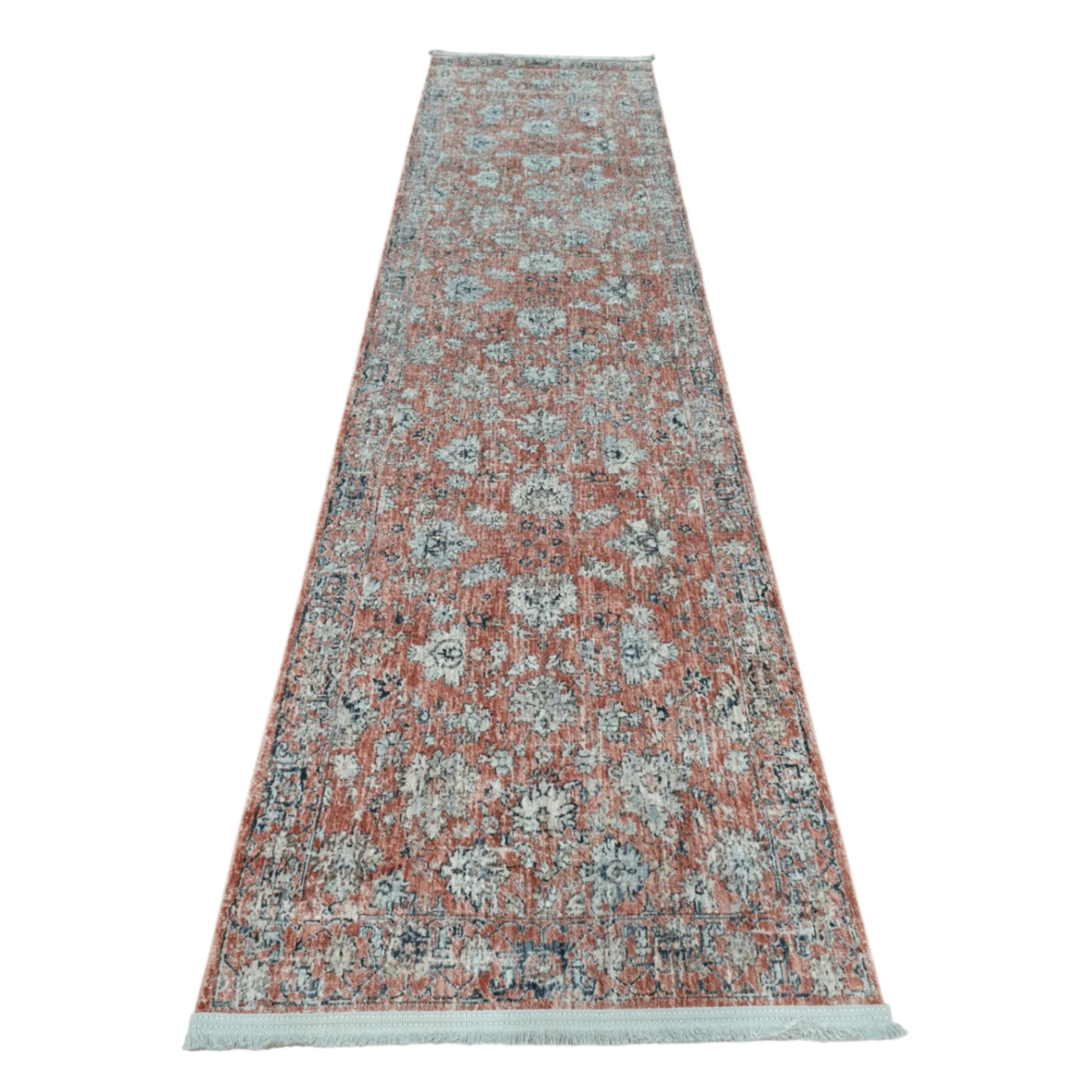Full view of Alhambra rose traditional runner rug 300 x 76 cm with medallion border pattern