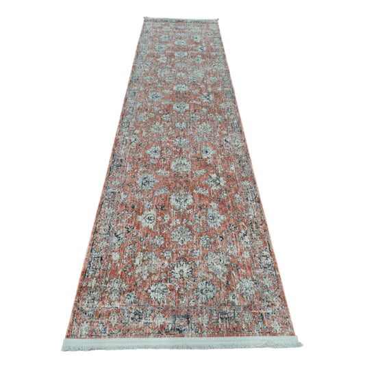 Full view of Alhambra rose traditional runner rug 300 x 76 cm with medallion border pattern