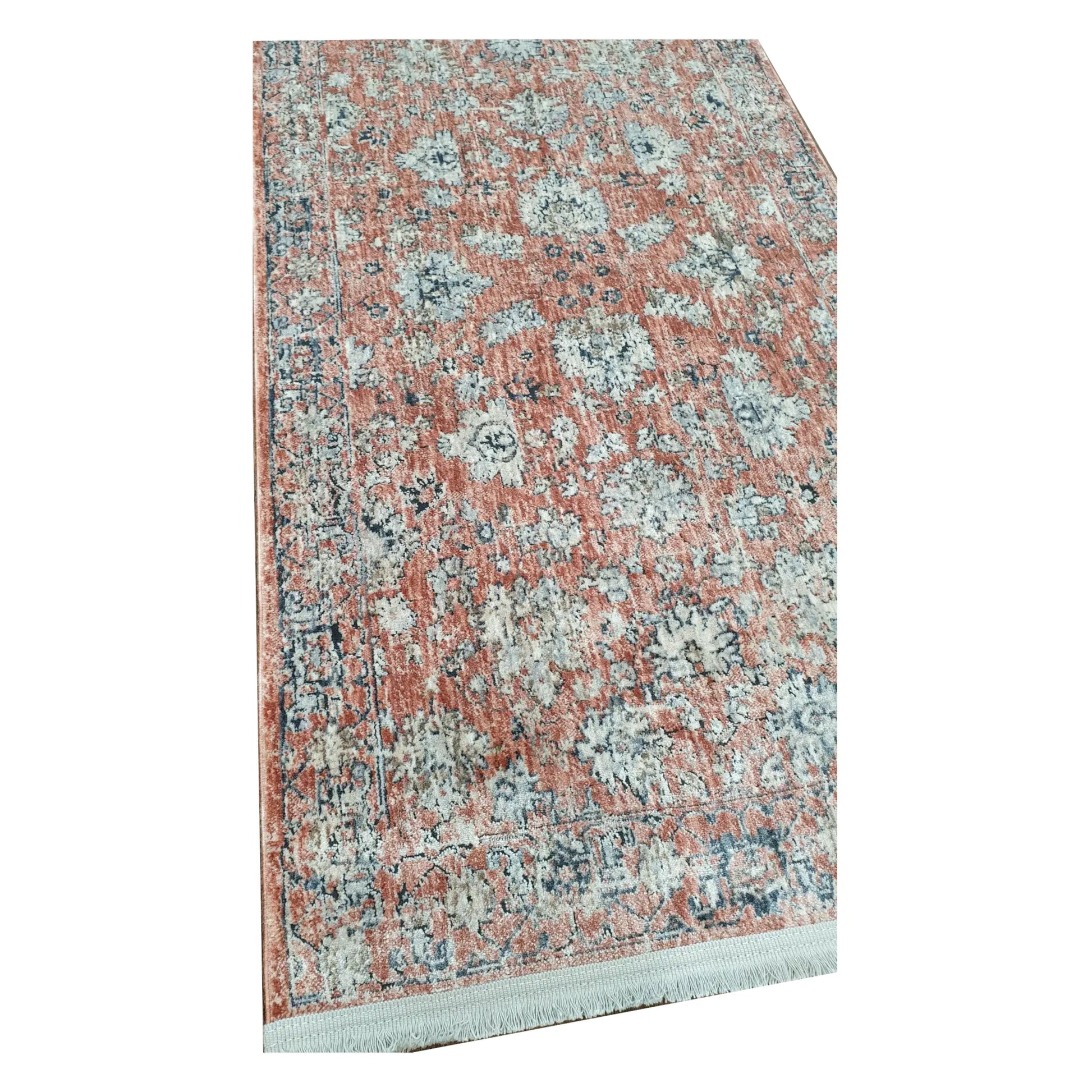 Pattern detail of Alhambra rose traditional runner rug showing faded blue and ivory accents