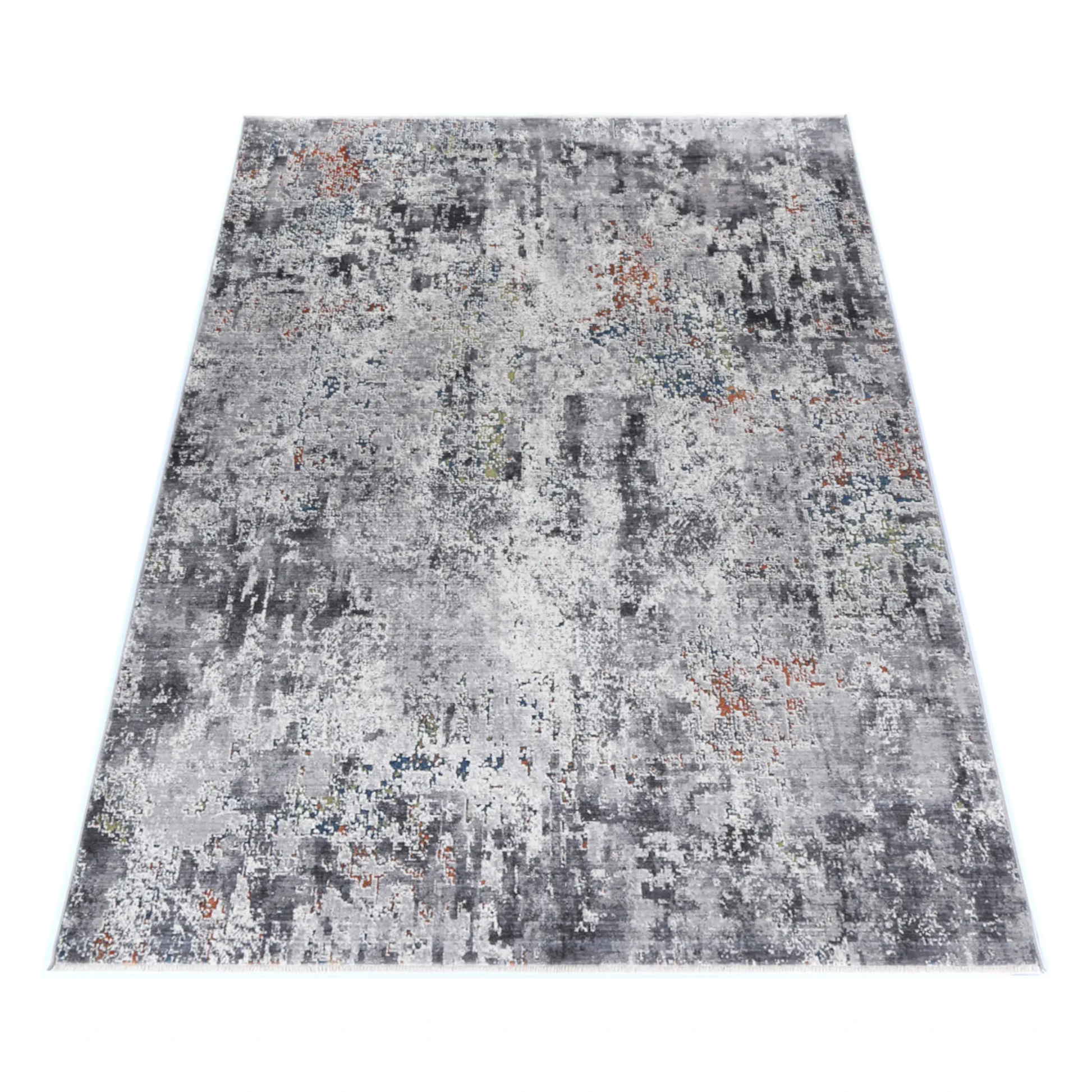 Angled full view of Almeras A4 grey abstract modern designer rug
