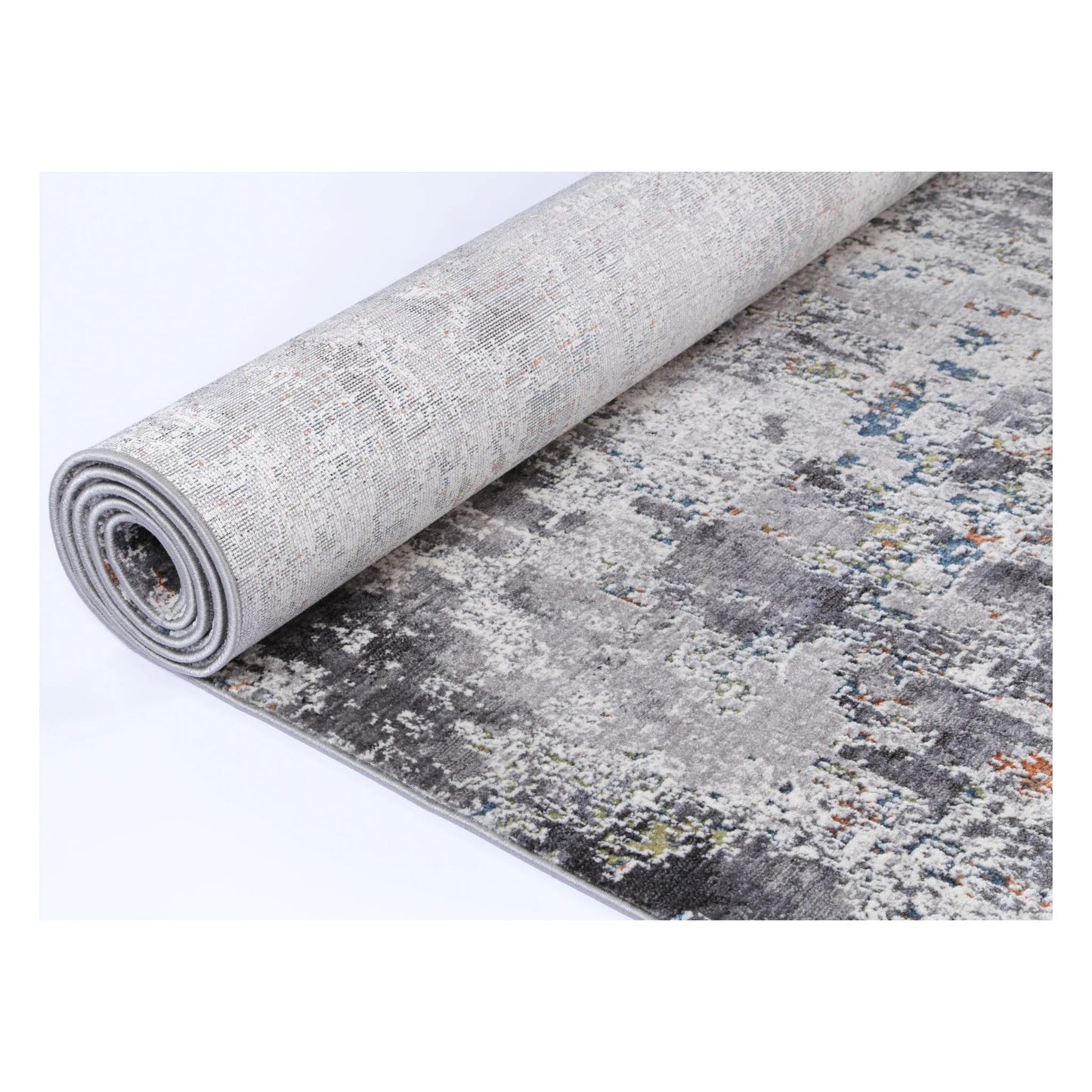 Rolled view of Almeras A4 grey abstract modern designer rug