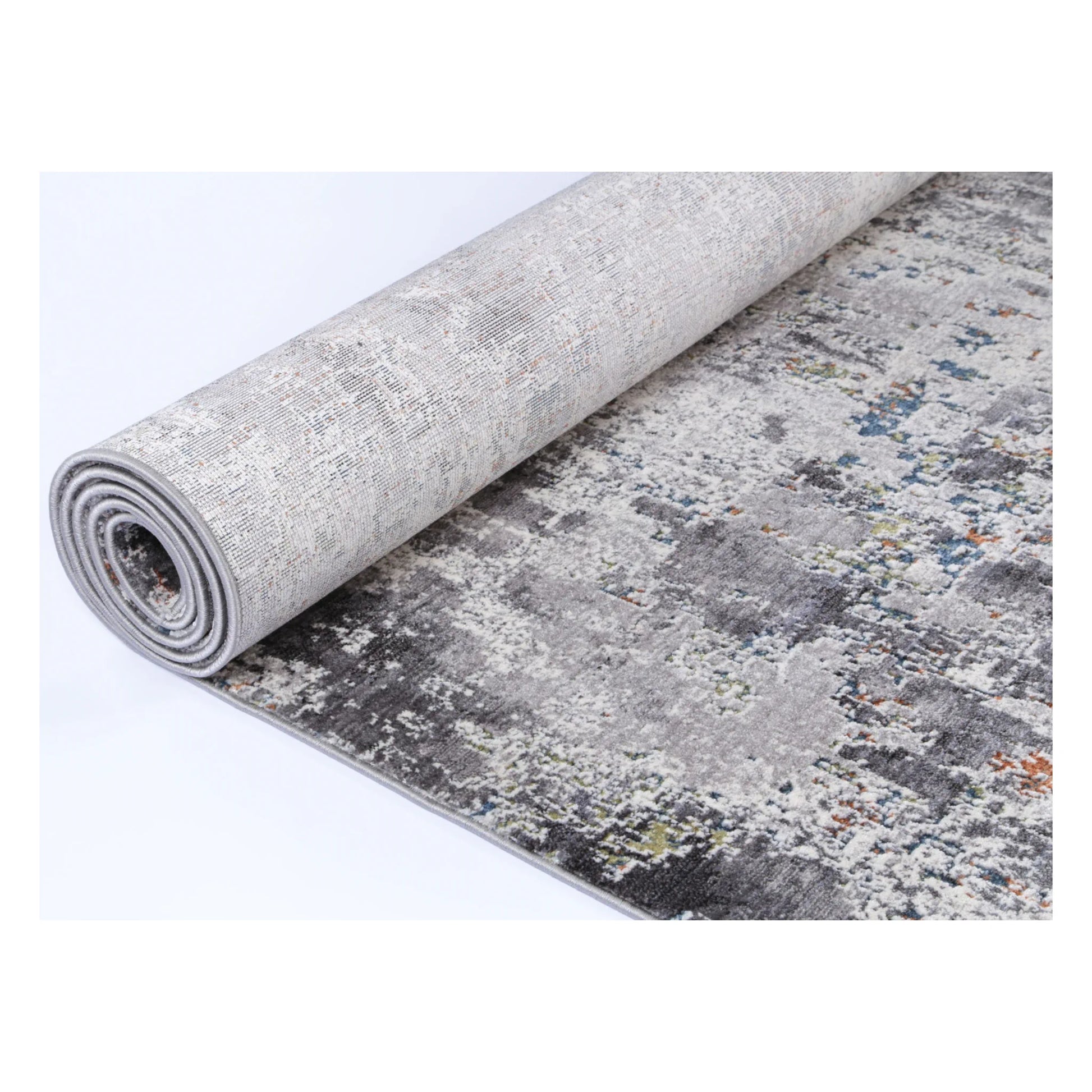 Rolled view of Almeras A4 grey abstract modern designer rug
