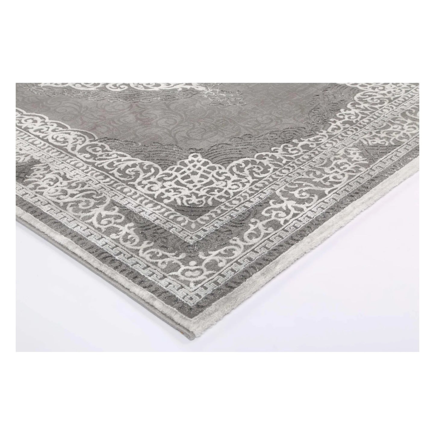 Corner detail of Antalya grey modern classic rug showing edge and pile texture