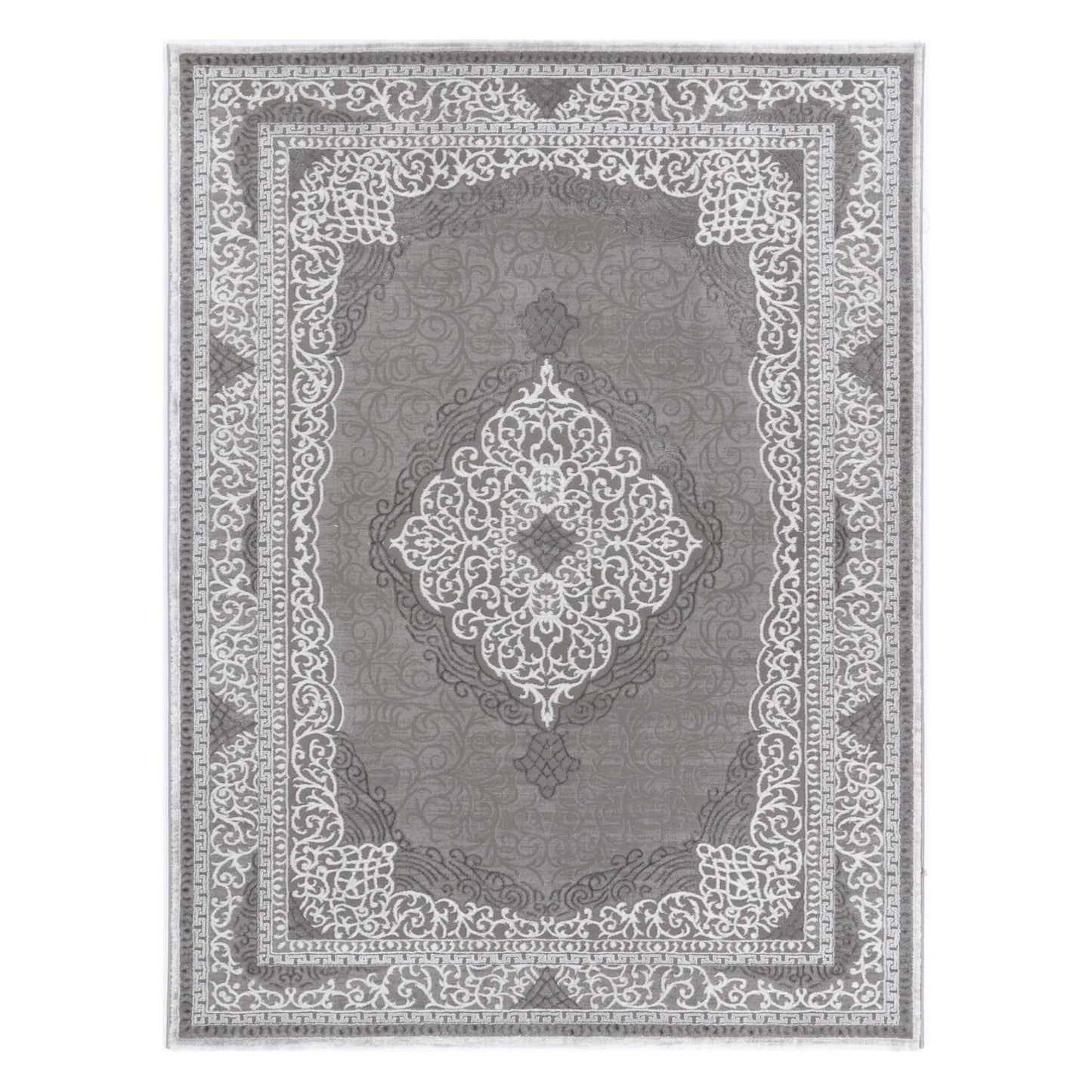 Full view of Antalya grey modern classic designer rug with centre medallion and ornamental border