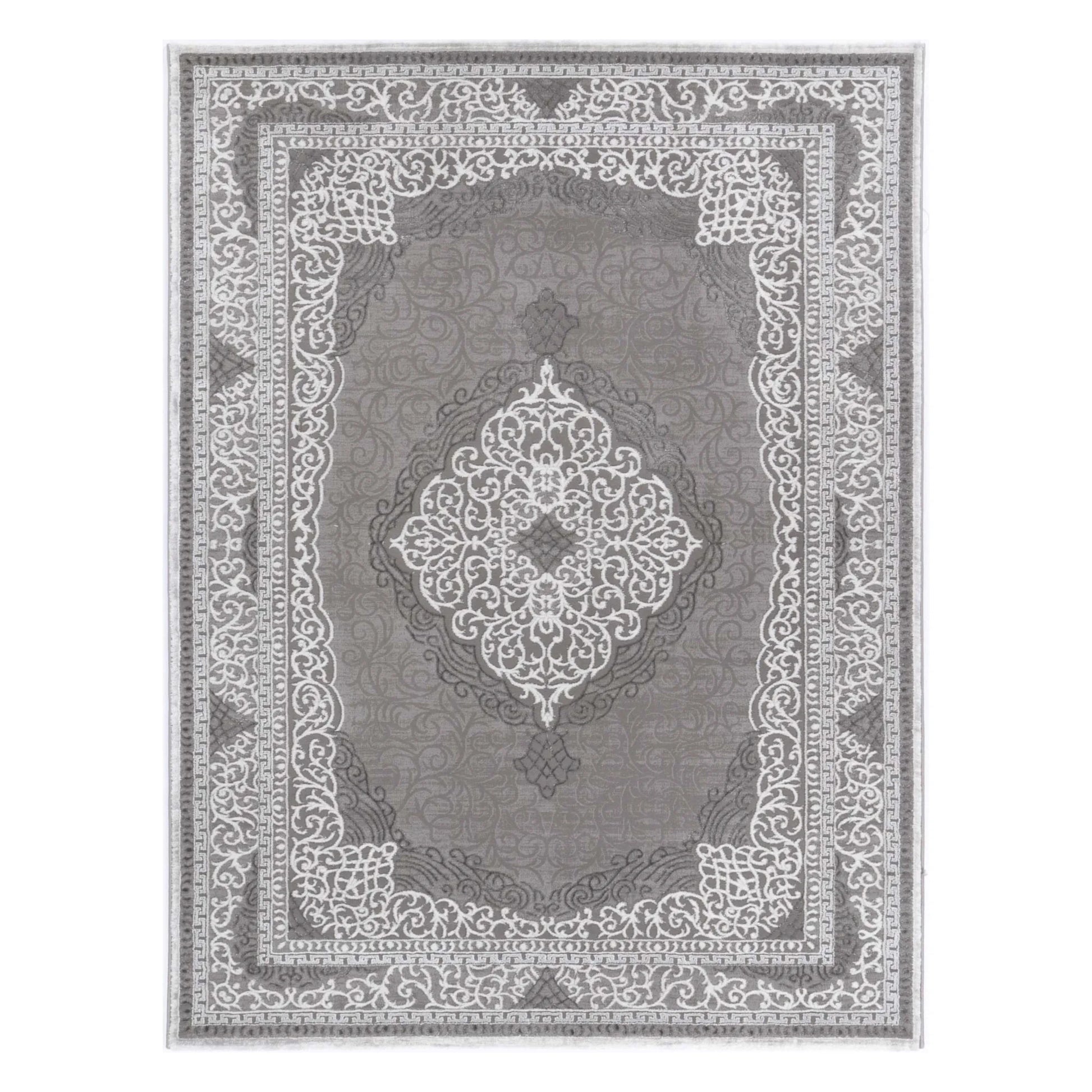 Full view of Antalya grey modern classic designer rug with centre medallion and ornamental border
