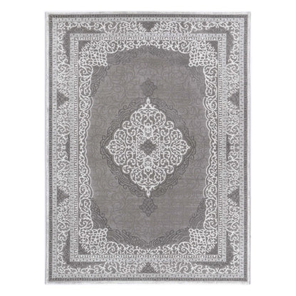 Full view of Antalya grey modern classic designer rug with centre medallion and ornamental border