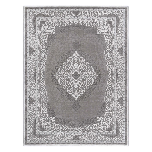 Full view of Antalya grey modern classic designer rug with centre medallion and ornamental border
