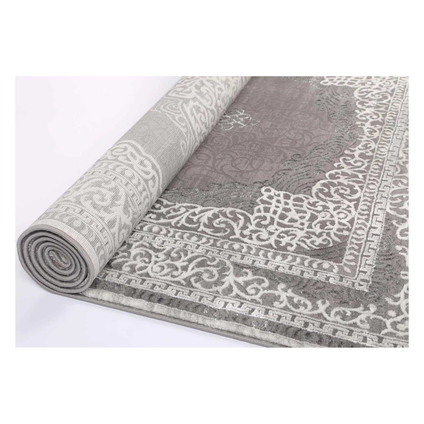 Rolled view of Antalya grey modern classic designer rug showing surface and backing