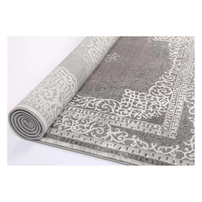 Rolled view of Antalya grey modern classic designer rug showing surface and backing