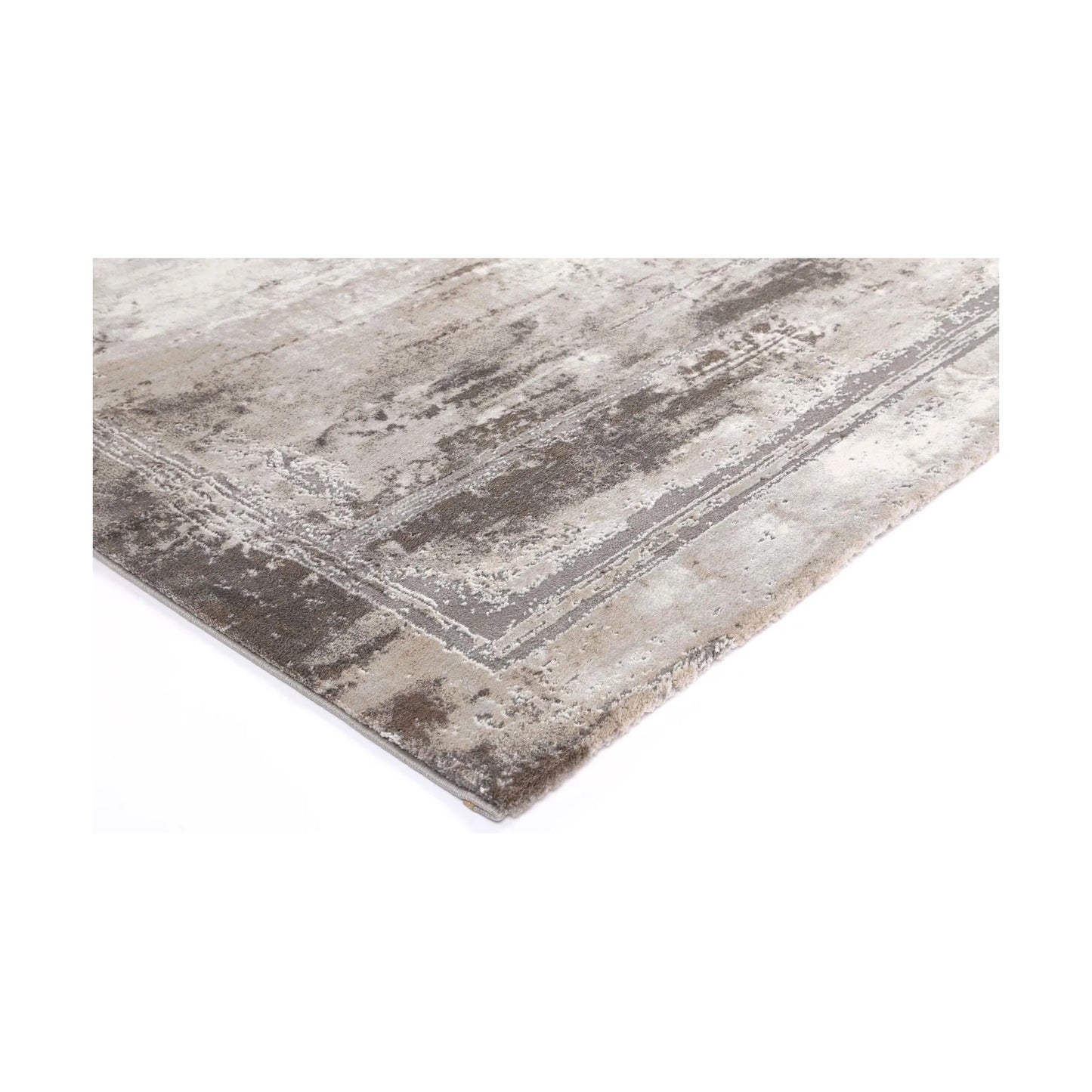 Corner detail of Antep 23314 975 Grey White modern rug showing bound edge, distressed pattern and soft textured pile, 230 x 160 cm