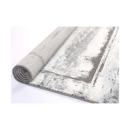 Rolled edge detail of Antep 23314 Grey modern rug showing backing, binding and patterned polypropylene pile, 230 x 160 cm