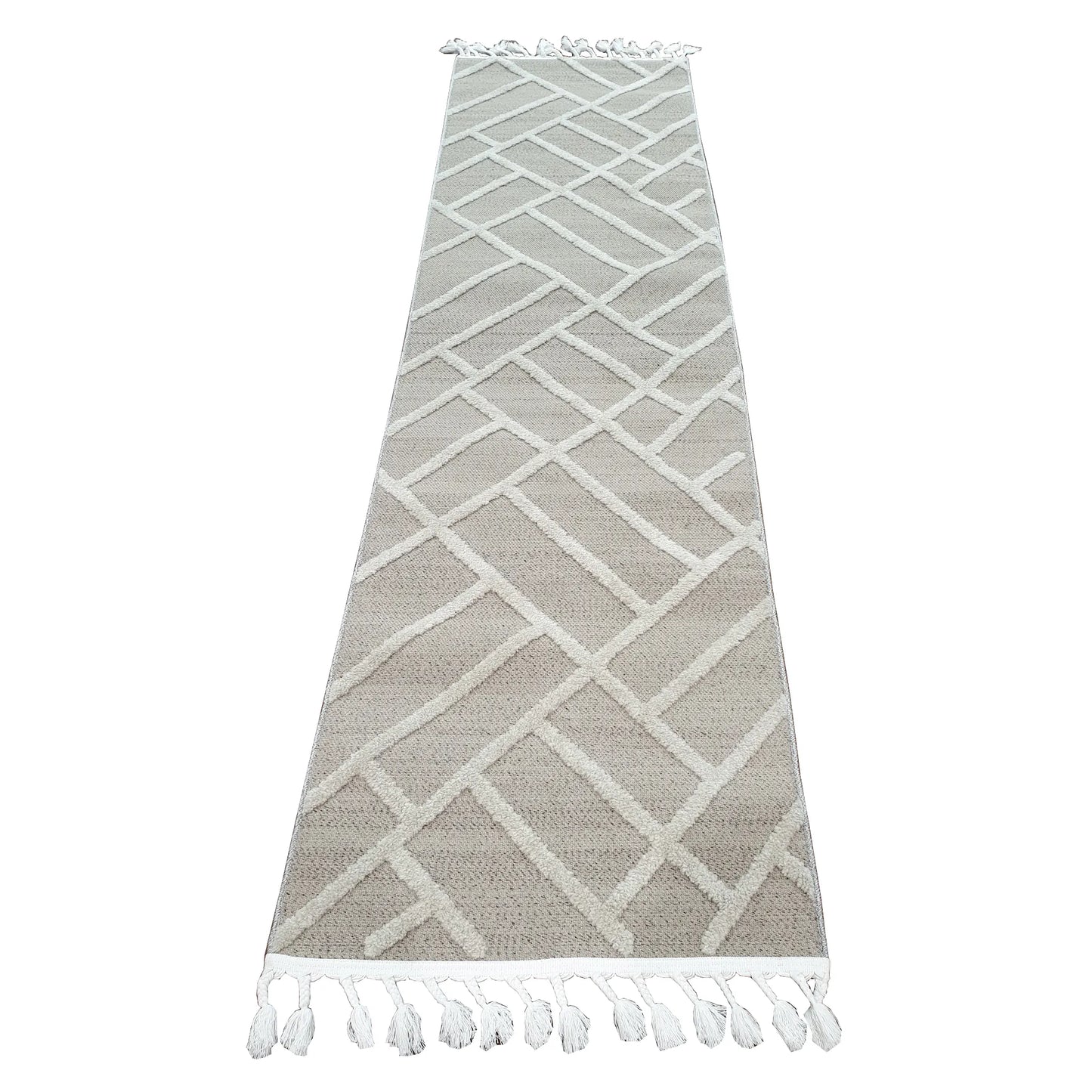 Archer Beige Runner Rug 300 x 80 cm full view with beige ground, ivory geometric pattern and tasselled end