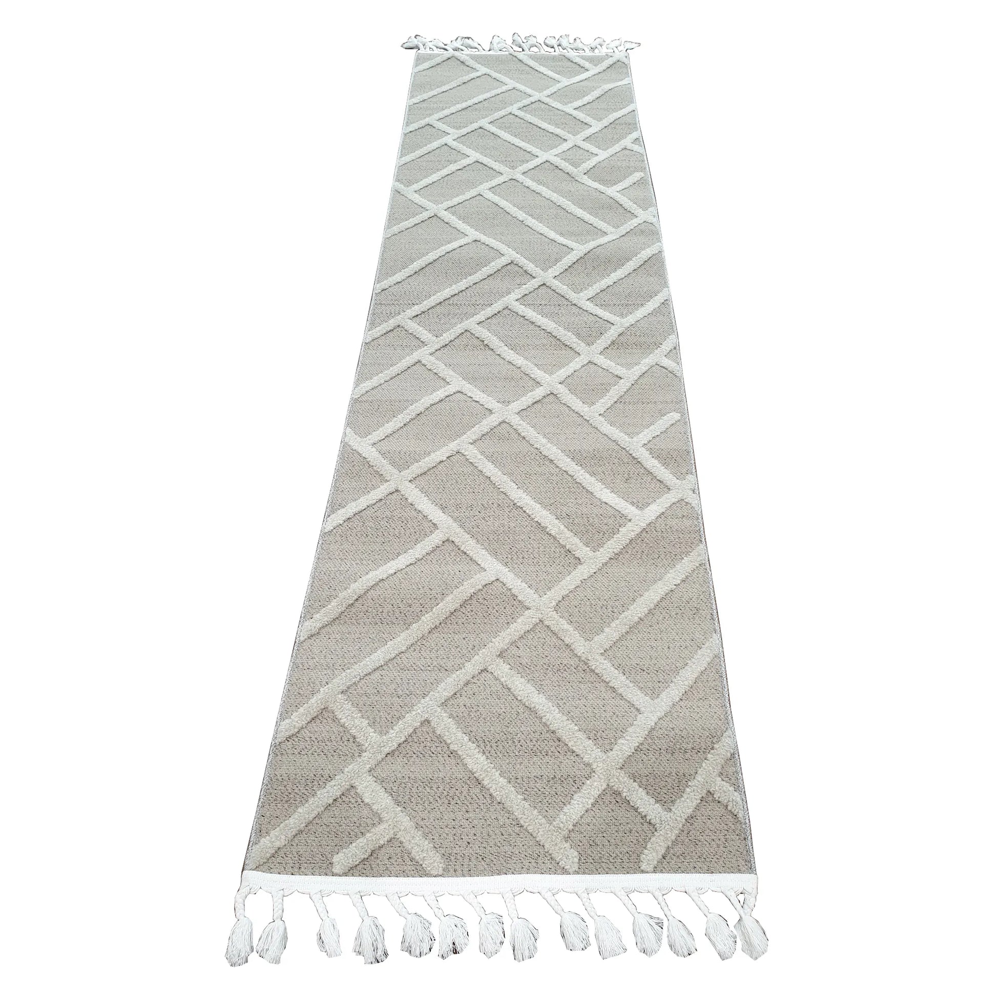Archer Beige Runner Rug 300 x 80 cm full view with beige ground, ivory geometric pattern and tasselled end
