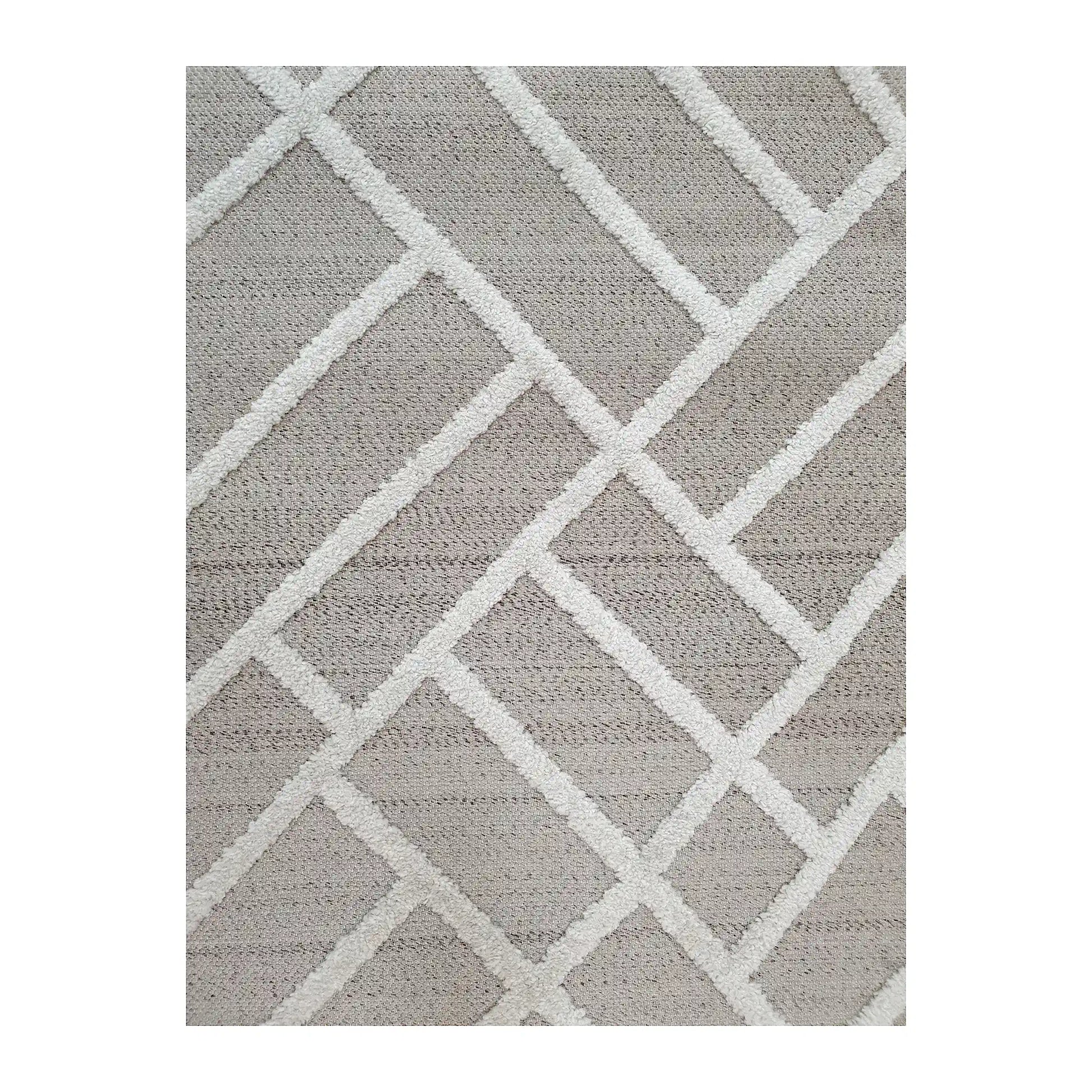 Close-up of Archer Beige Runner Rug showing raised ivory geometric lattice pattern on beige polyester surface