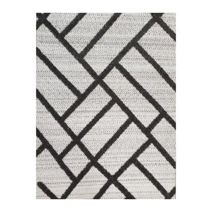 Close-up of Archer runner rug showing black linear geometric pattern on ivory polyester surface