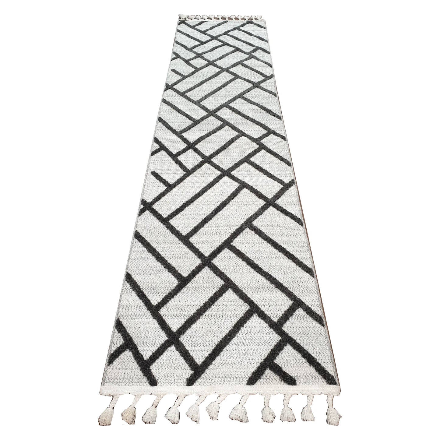 Archer runner rug 300 x 80 cm full view with ivory ground and black geometric line pattern