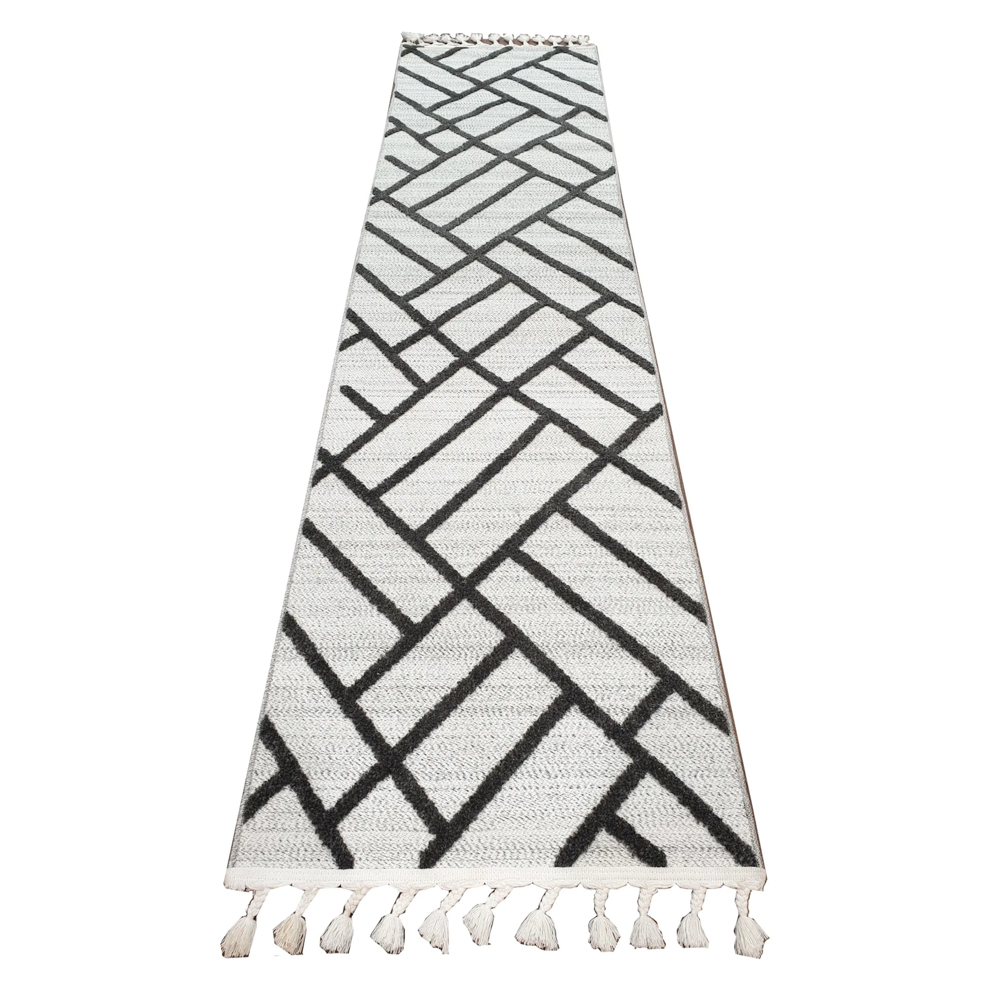 Archer runner rug 300 x 80 cm full view with ivory ground and black geometric line pattern
