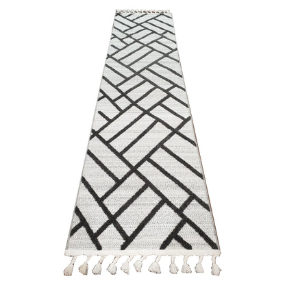 Archer runner rug 300 x 80 cm full view with ivory ground and black geometric line pattern