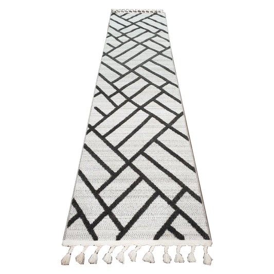 Archer runner rug 300 x 80 cm full view with ivory ground and black geometric line pattern