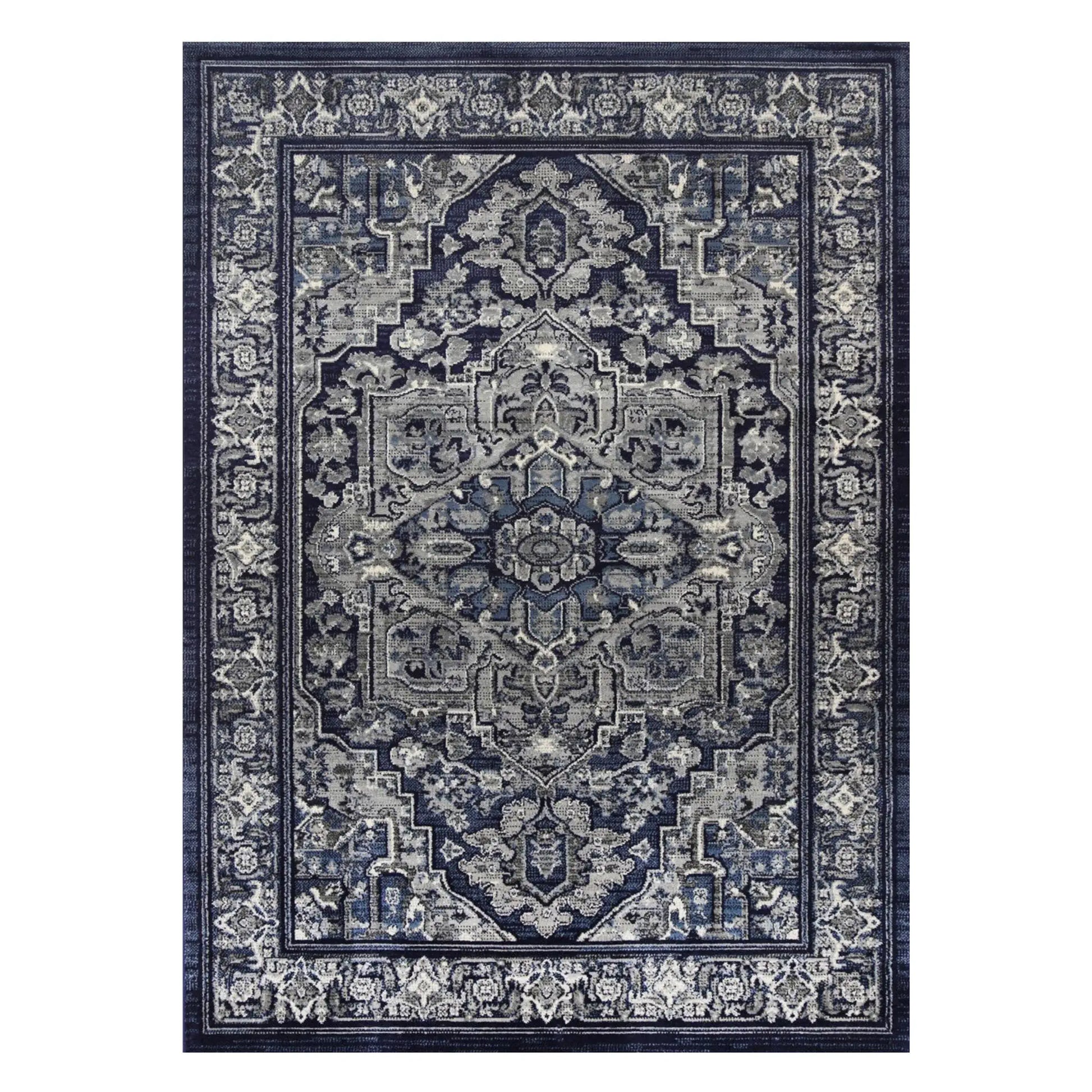 Full view of Arya 6097 navy rosette traditional rug 220 x 160 cm with centre medallion and border