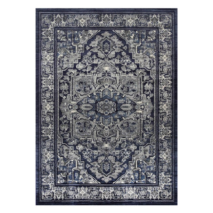 Full view of Arya 6097 navy rosette traditional rug 220 x 160 cm with centre medallion and border