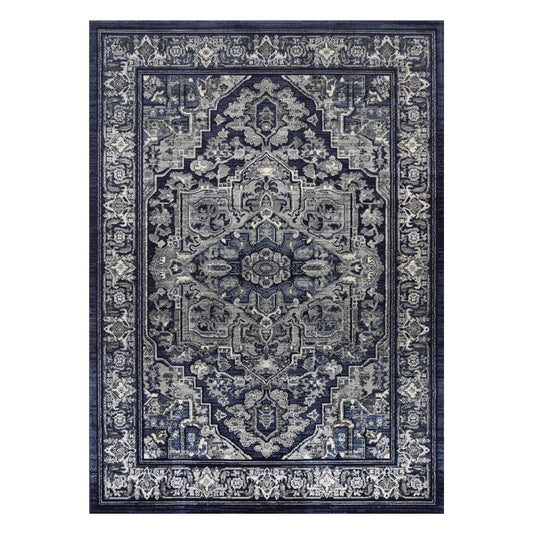 Full view of Arya 6097 navy rosette traditional rug 220 x 160 cm with centre medallion and border