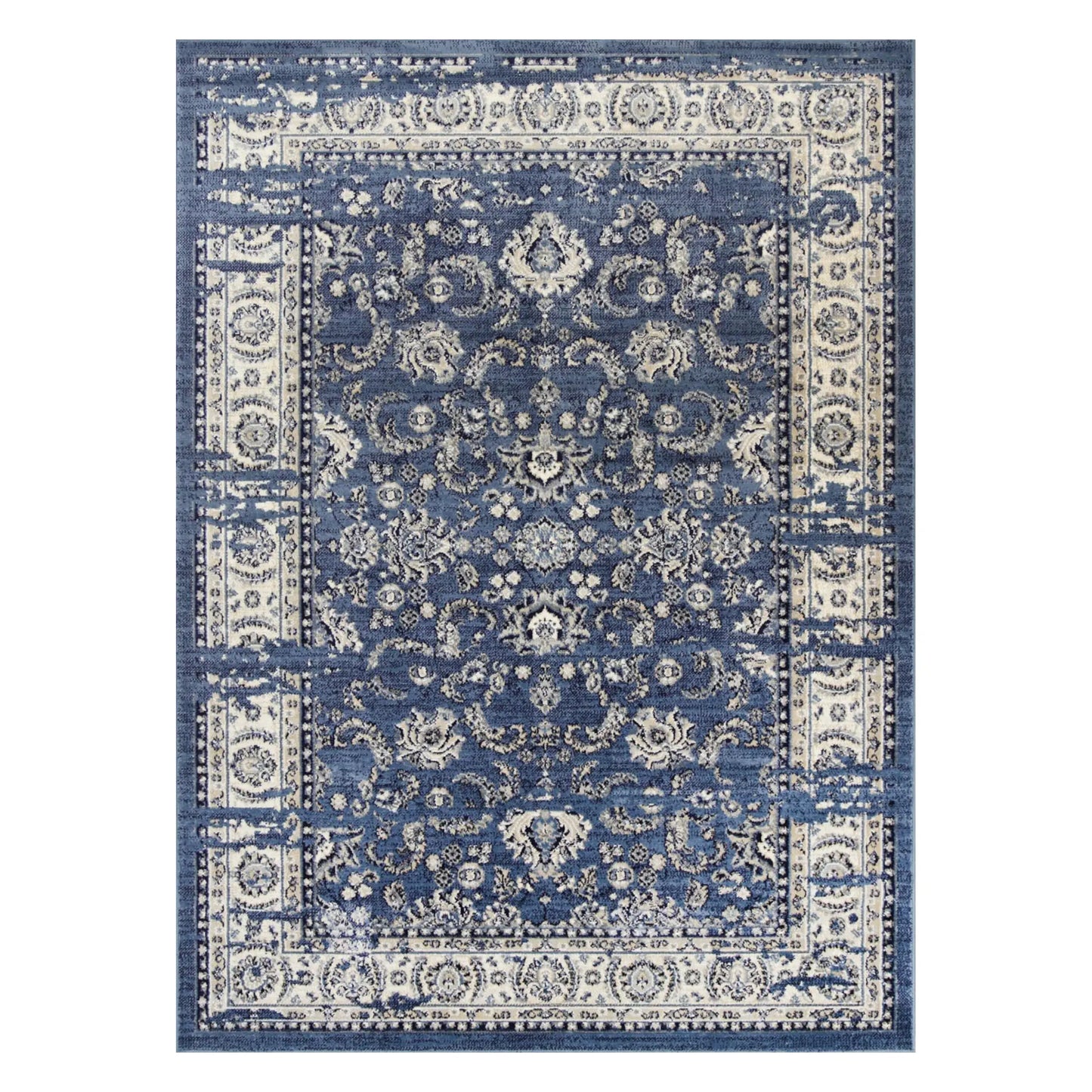 Full view of Arya blue traditional floral rug 290 x 200 cm with centre medallion and border