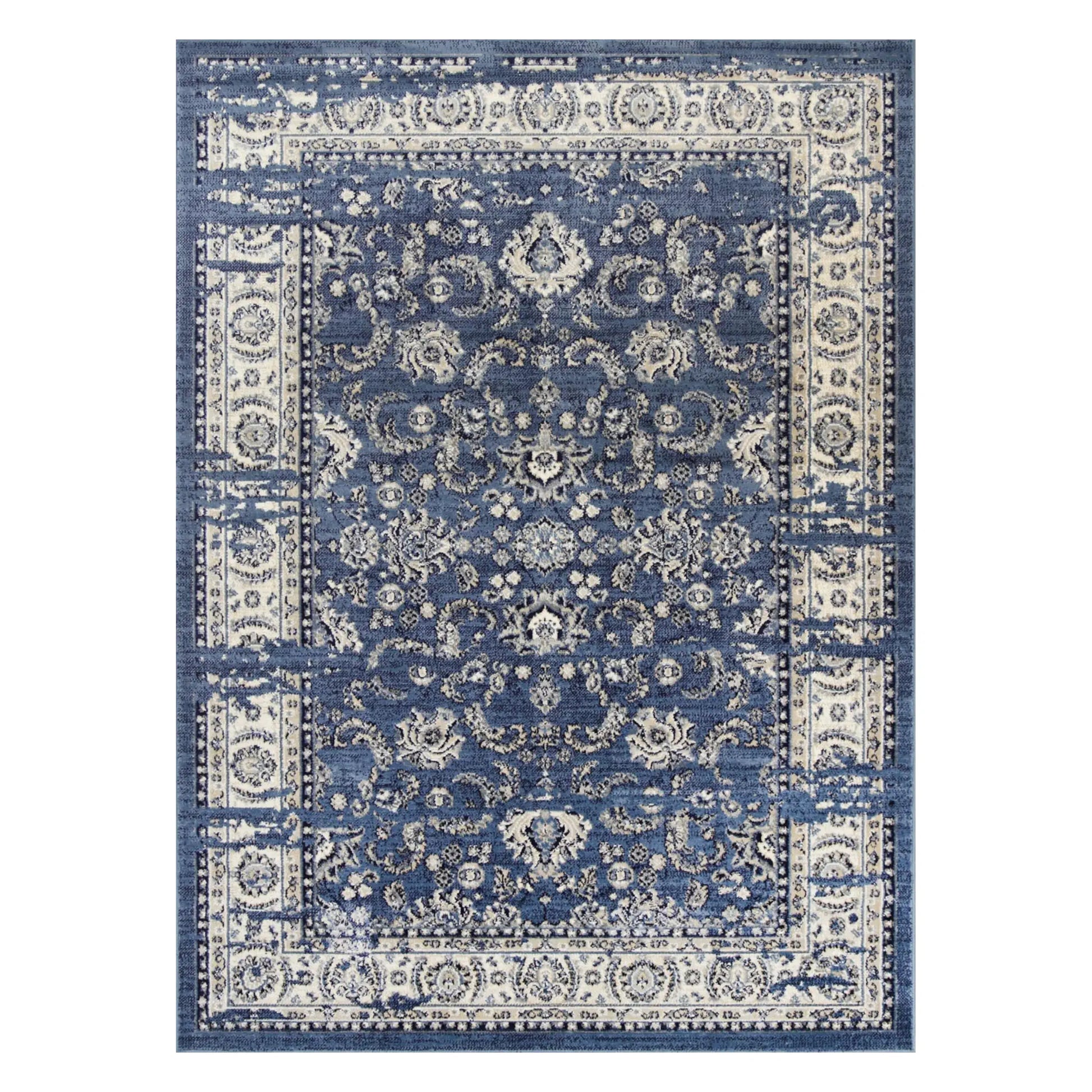 Full view of Arya blue traditional floral rug 290 x 200 cm with centre medallion and border