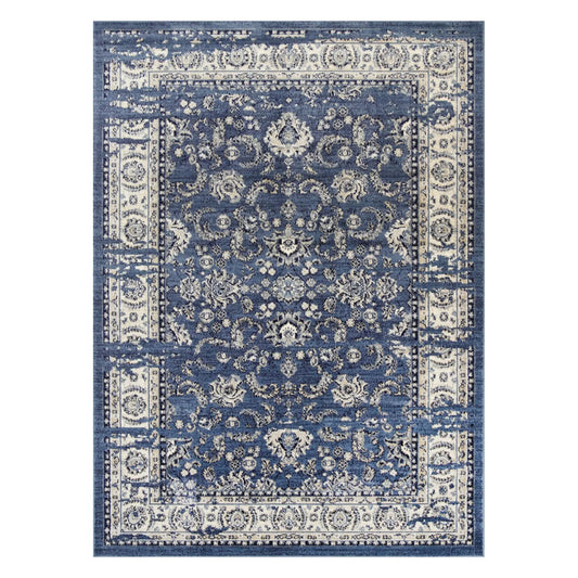Full view of Arya blue traditional floral rug 290 x 200 cm with centre medallion and border