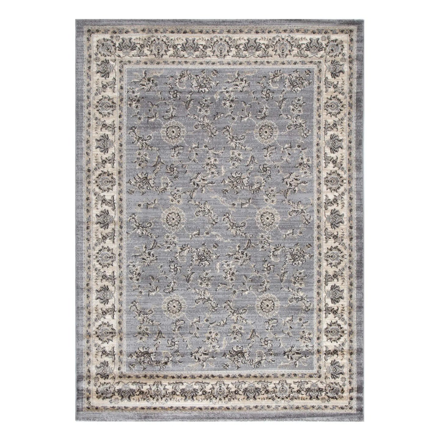Full view of Arya grey traditional floral rug 290 x 200 cm with ornamental border