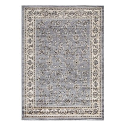 Full view of Arya grey traditional floral rug 290 x 200 cm with ornamental border