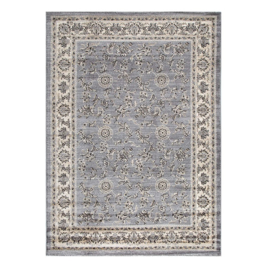 Full view of Arya grey traditional floral rug 290 x 200 cm with ornamental border