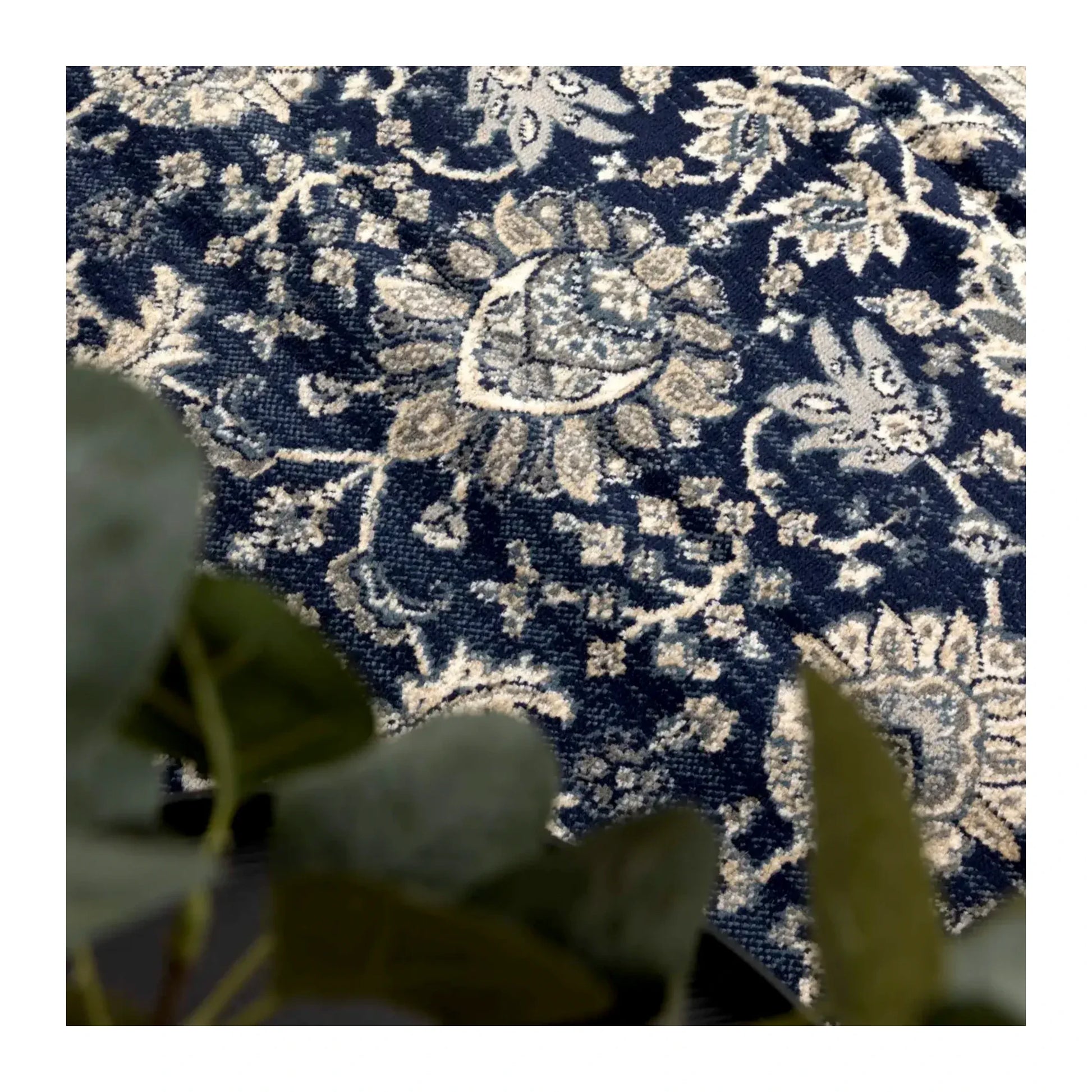 Arya Ziegler navy rug floral pattern detail