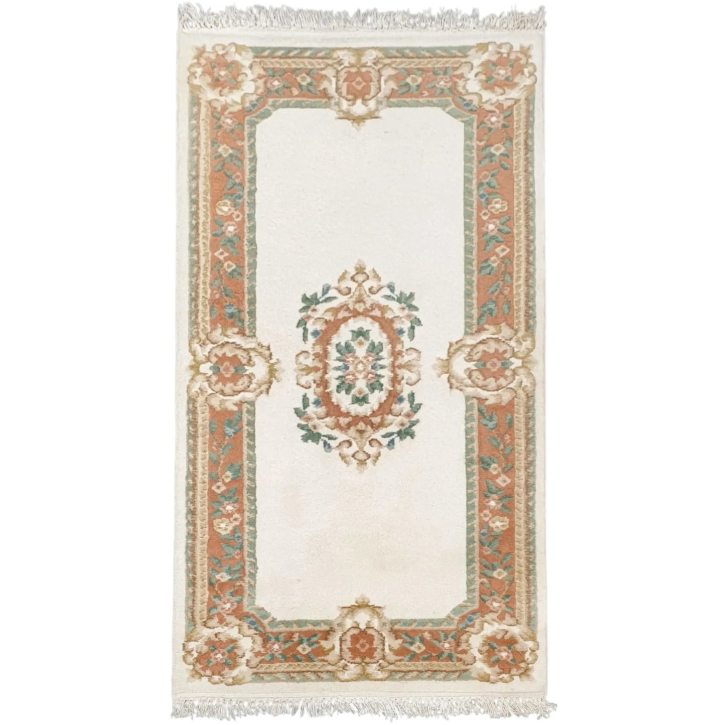 Aubusson hand-knotted wool rug 180 x 92 cm full view floral medallion design