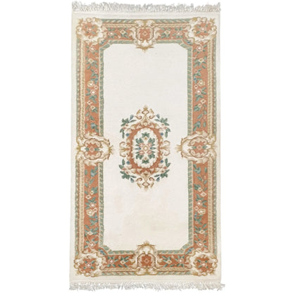 Aubusson hand-knotted wool rug 180 x 92 cm full view floral medallion design